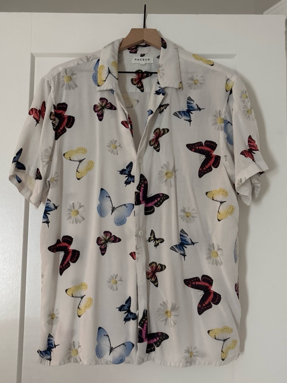 PacSun White Short-Sleeve Button-Up with Multicolor Butterfly Print